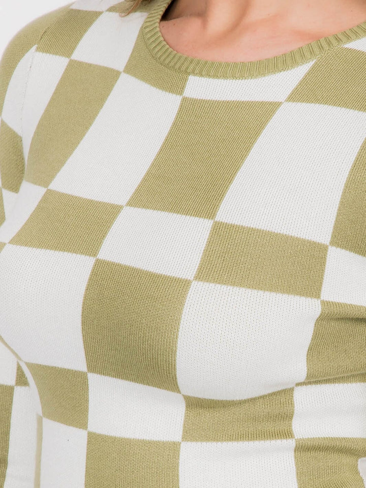 WOMEN'S LONG SLEEVE COLORBLOCK CHECKERS PRINT CROP TOP