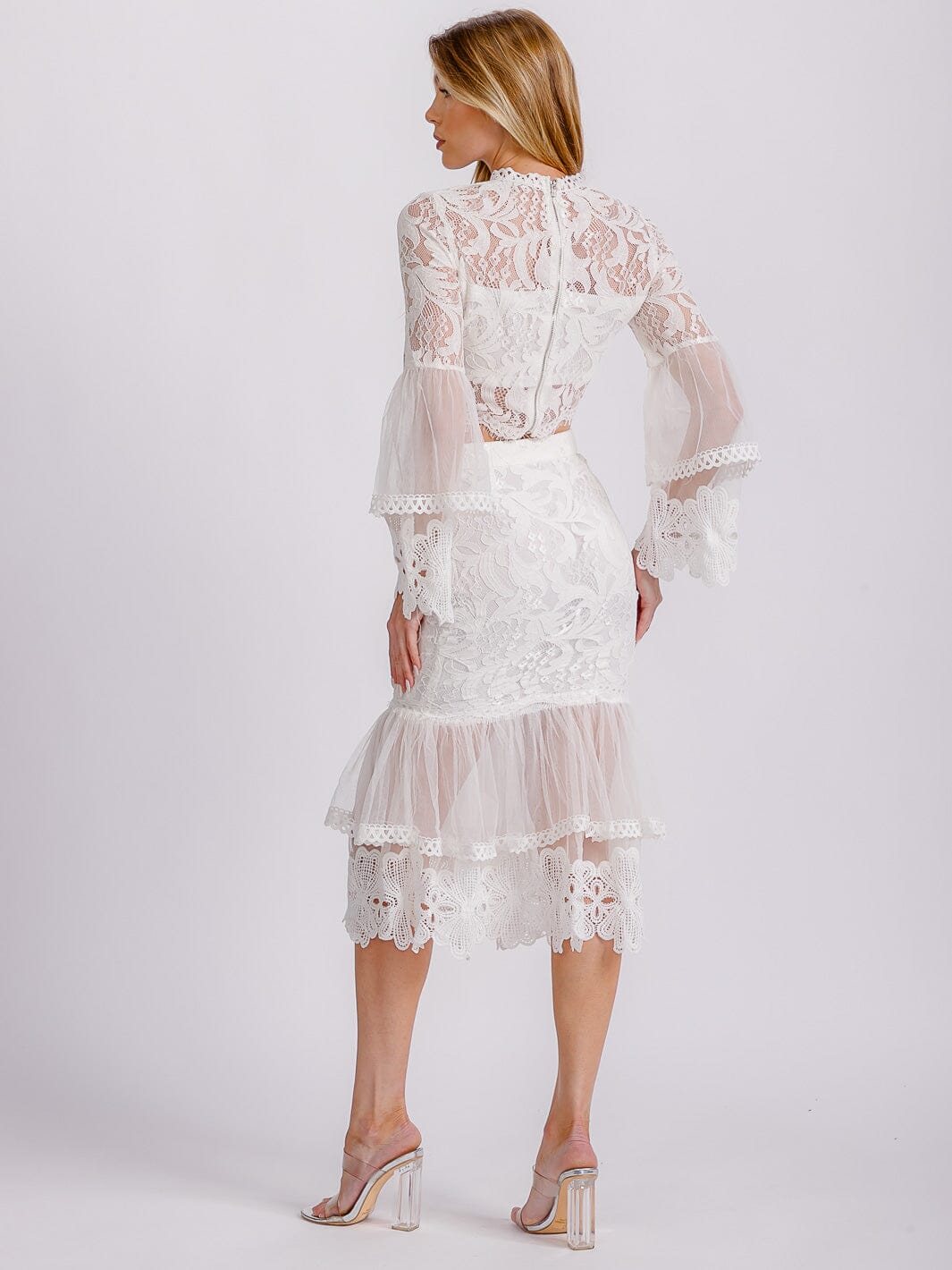 WOMEN'S LONG RUFFLE SLEEVE CROP TOP & ZIP UP MIDI SKIRT LACE 2PC. SET