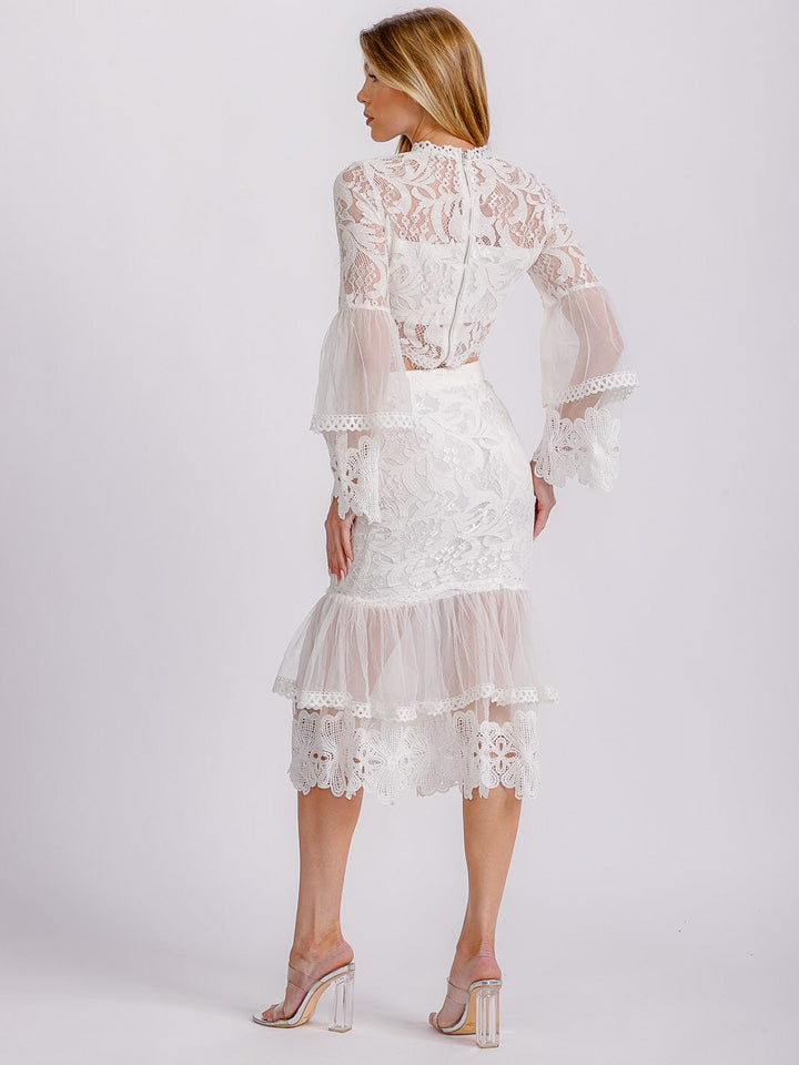 WOMEN'S LONG RUFFLE SLEEVE CROP TOP & ZIP UP MIDI SKIRT LACE 2PC. SET