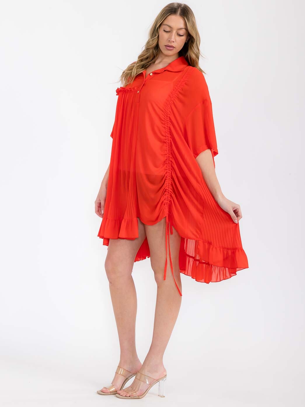 WOMEN'S SHORT SLEEVE BUTTON UP PLEATED SIDE RUCHED TUNIC TOP