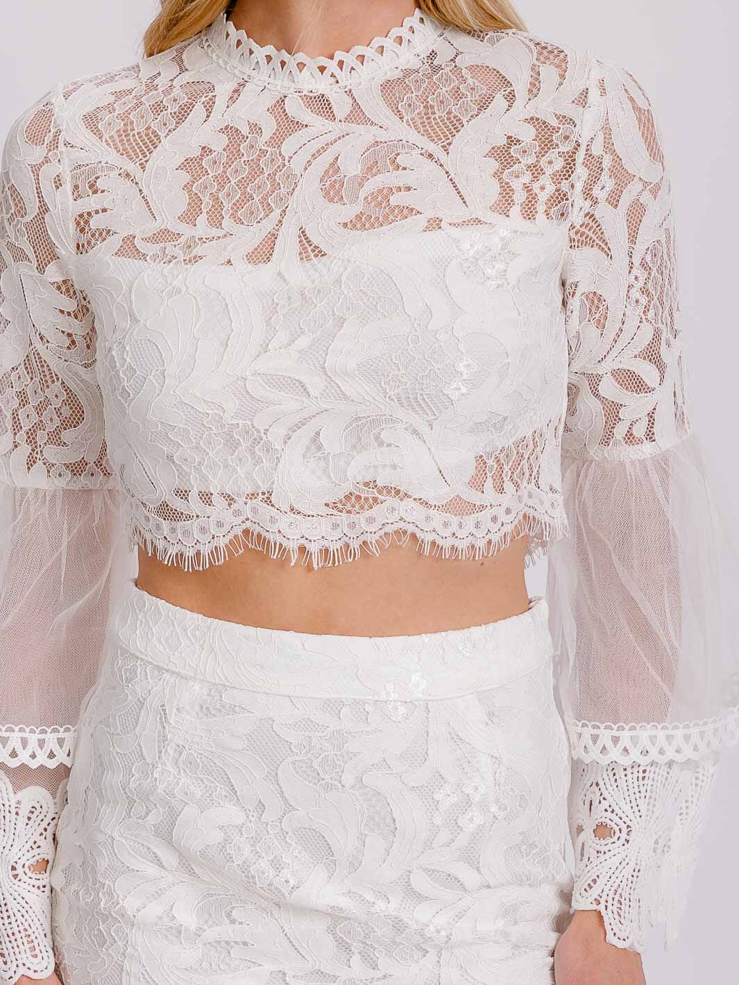 WOMEN'S LONG RUFFLE SLEEVE CROP TOP & ZIP UP MIDI SKIRT LACE 2PC. SET