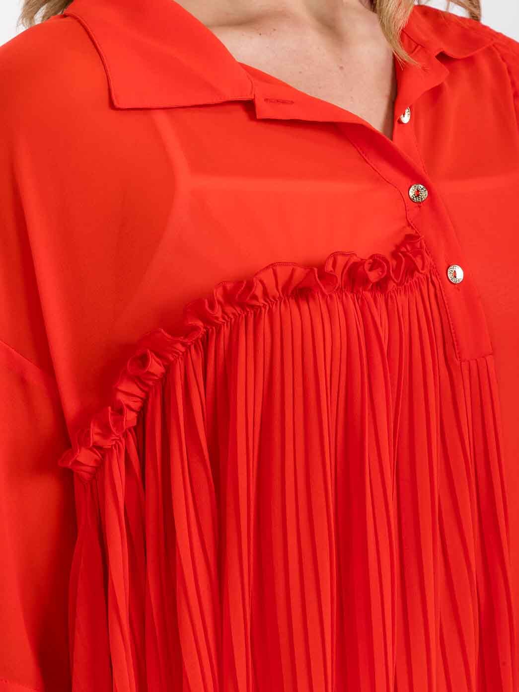 WOMEN'S SHORT SLEEVE BUTTON UP PLEATED SIDE RUCHED TUNIC TOP