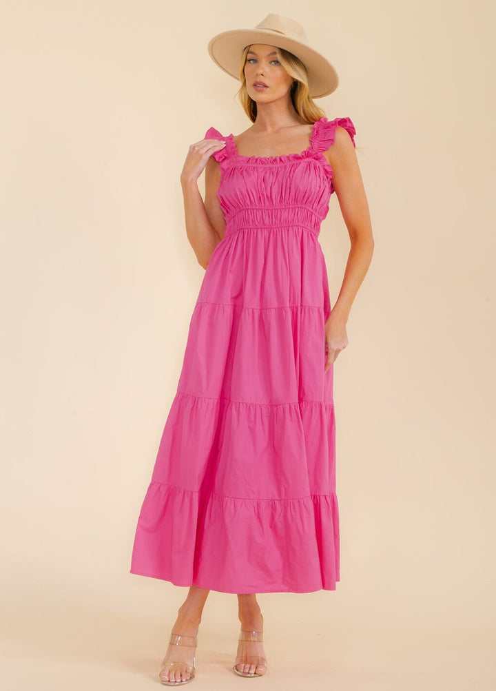 WOMEN'S RUFFLE SLEEVE SMOCK FRONT POCKETS TIERED MAXI DRESS