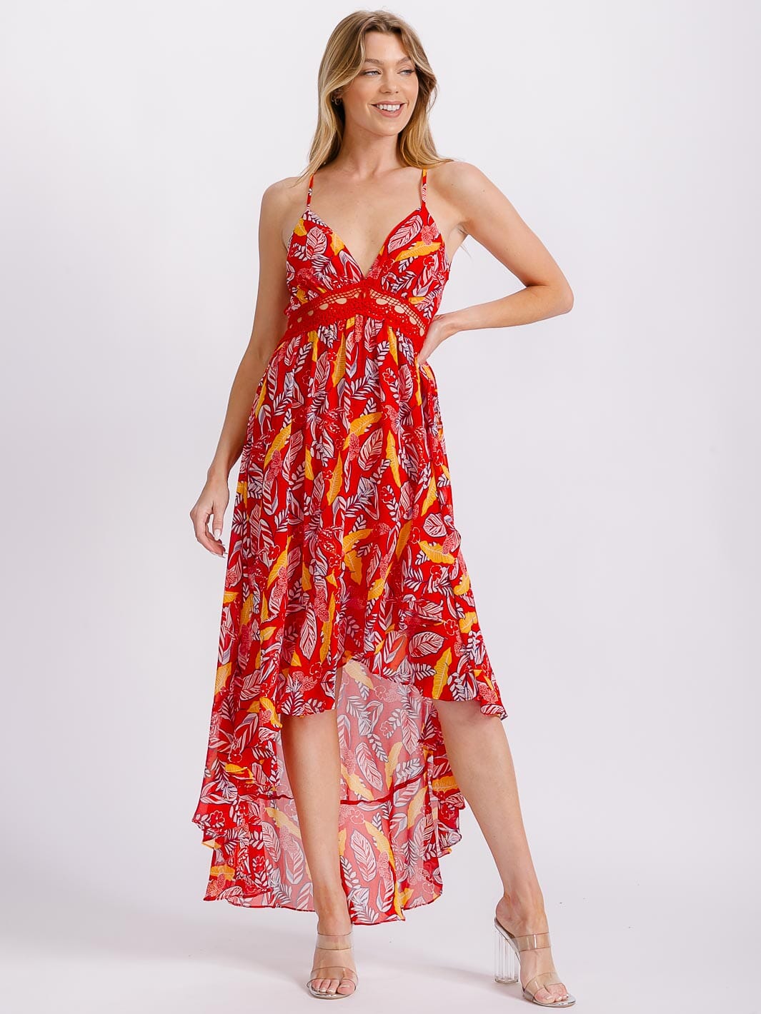 WOMEN'S SLEEVELESS V-NECK TRIM DETAILED OPEN BACK HIGH-LOW FLORAL MAXI DRESS
