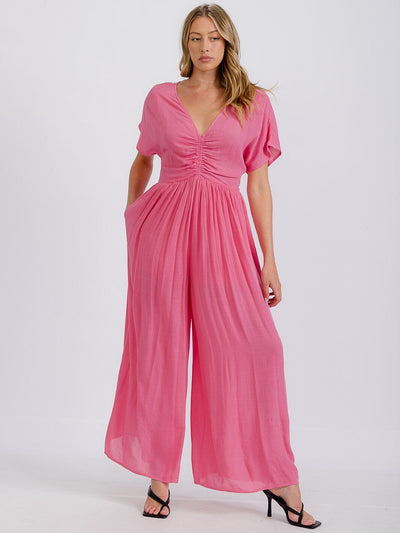 WOMEN'S SHORT SLEEVE V-NECK RUCHED FRONT POCKETS WIDE LEG JUMPSUIT