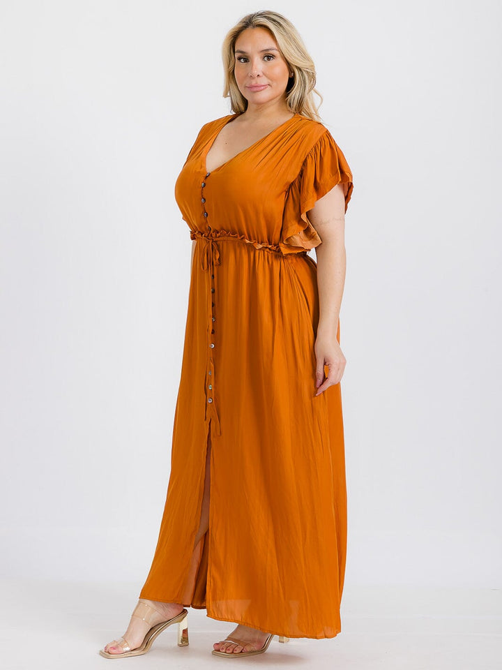 PLUS SIZE SHORT SLEEVE ELASTIC WAIST BUTTON UP MAXI DRESS