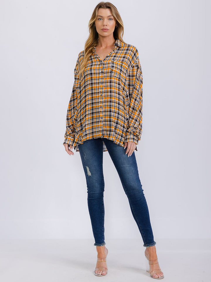WOMEN'S LONG SLEEVE BUTTON UP FRONT POCKETS PLAID OVERSIZED SHIRT