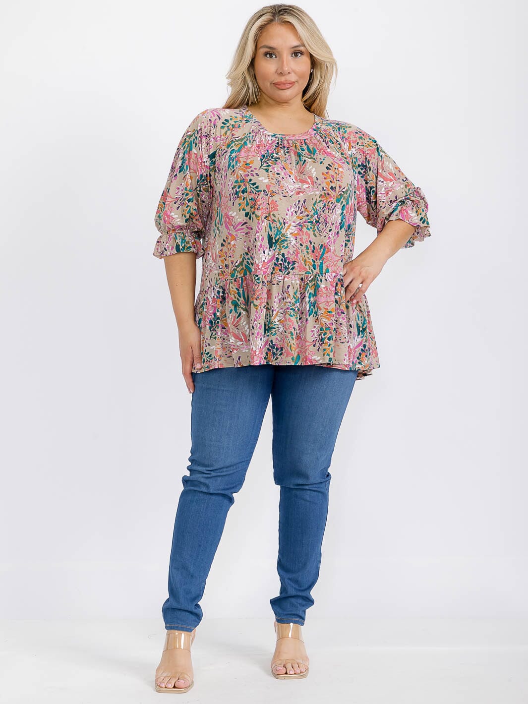 PLUS SIZE SHORT SLEEVE FLORAL PRINT TUNIC BLOUSE