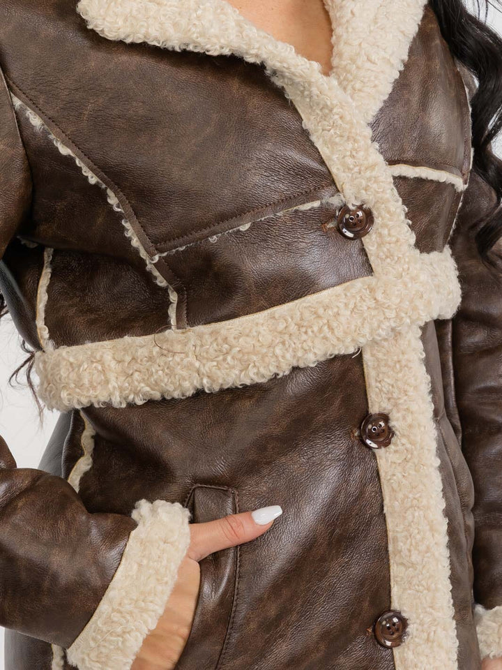 WOMEN'S LONG SLEEVE SHERPA LINING CONVERTIBLE ZIP OFF TWO IN ONE AVIATOR COAT