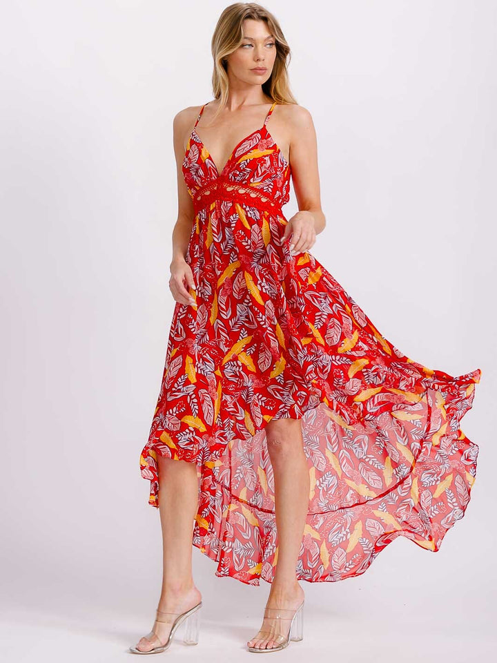 WOMEN'S SLEEVELESS V-NECK TRIM DETAILED OPEN BACK HIGH-LOW FLORAL MAXI DRESS