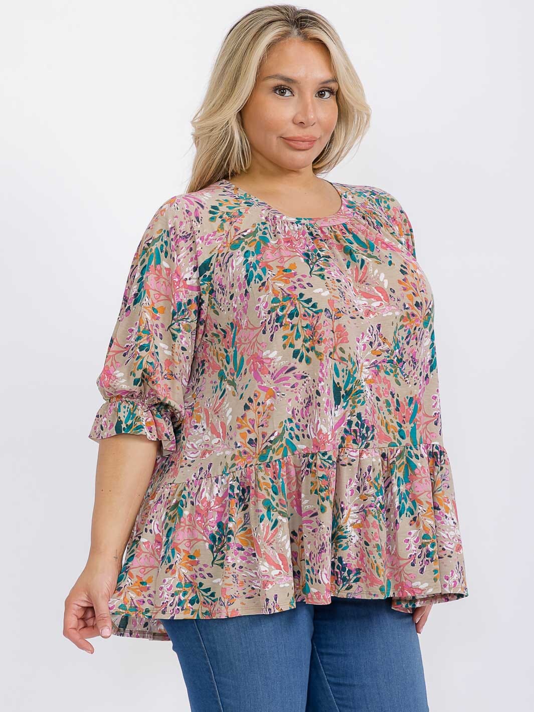 PLUS SIZE SHORT SLEEVE FLORAL PRINT TUNIC BLOUSE