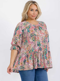 PLUS SIZE SHORT SLEEVE FLORAL PRINT TUNIC BLOUSE
