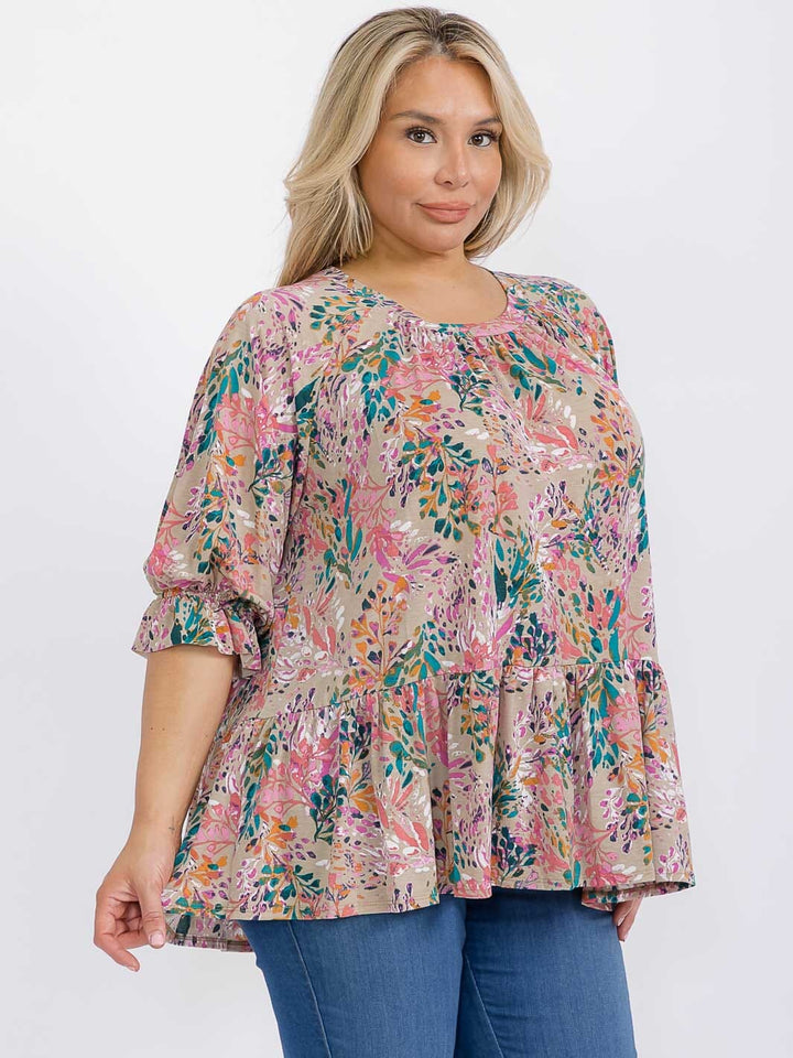 PLUS SIZE SHORT SLEEVE FLORAL PRINT TUNIC BLOUSE