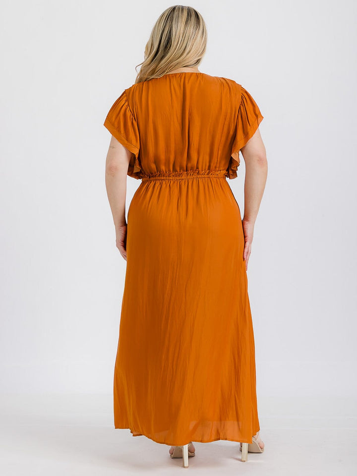PLUS SIZE SHORT SLEEVE ELASTIC WAIST BUTTON UP MAXI DRESS