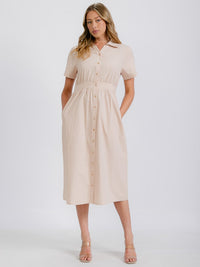 WOMEN'S SHORT SLEEVE FRONT POCKETS BUTTON LINEN MIDI DRESS