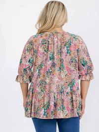 PLUS SIZE SHORT SLEEVE FLORAL PRINT TUNIC BLOUSE