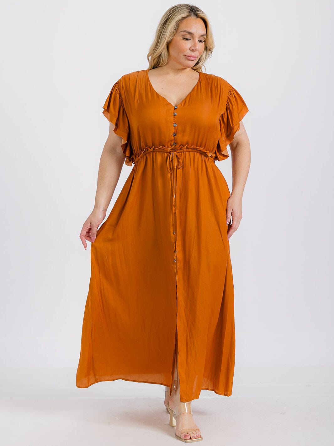 PLUS SIZE SHORT SLEEVE ELASTIC WAIST BUTTON UP MAXI DRESS