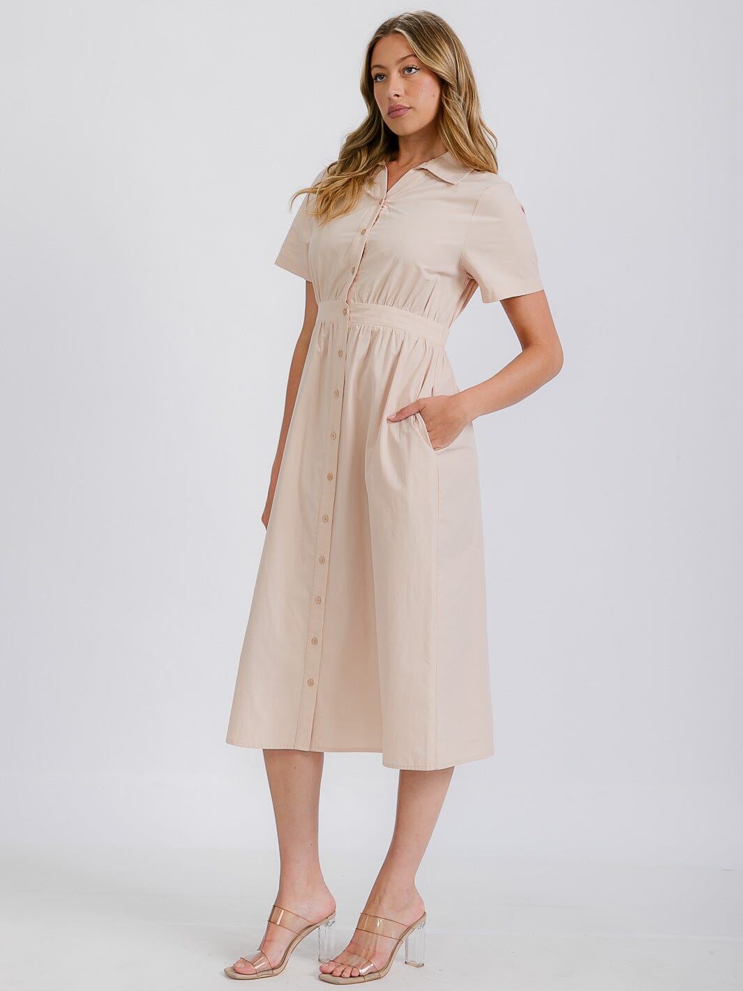 WOMEN'S SHORT SLEEVE FRONT POCKETS BUTTON LINEN MIDI DRESS