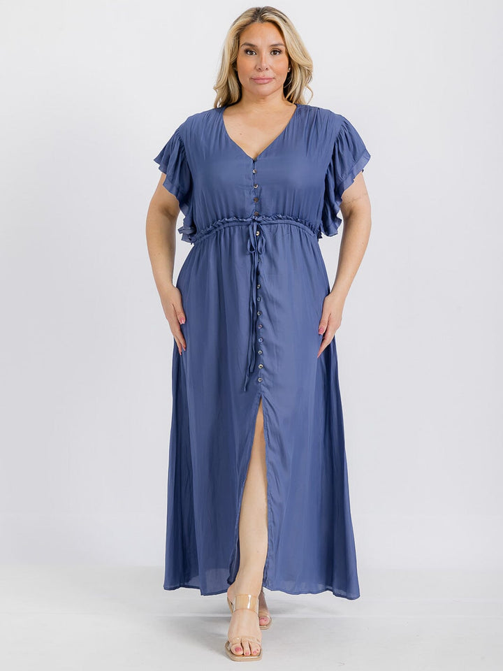 PLUS SIZE SHORT SLEEVE ELASTIC WAIST BUTTON UP MAXI DRESS