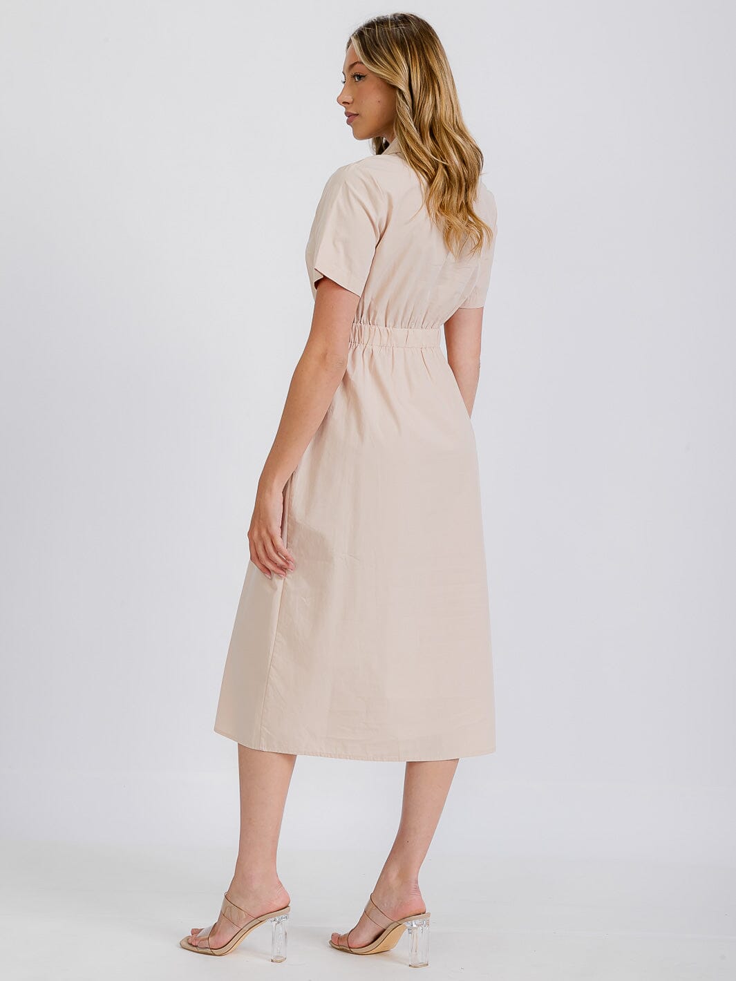 WOMEN'S SHORT SLEEVE FRONT POCKETS BUTTON LINEN MIDI DRESS
