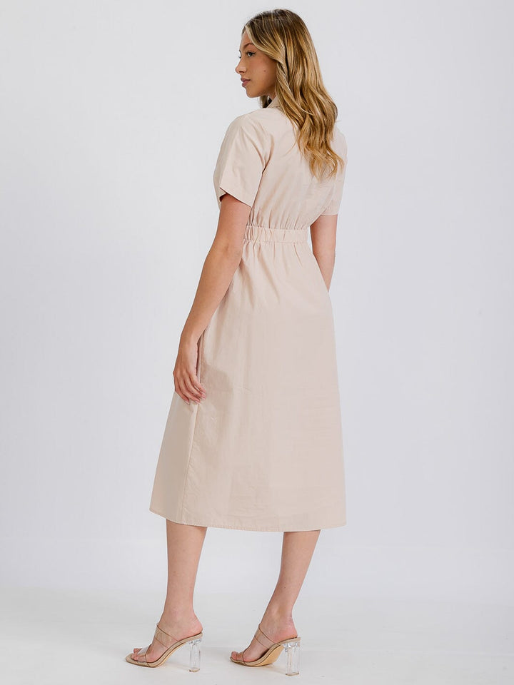 WOMEN'S SHORT SLEEVE FRONT POCKETS BUTTON LINEN MIDI DRESS