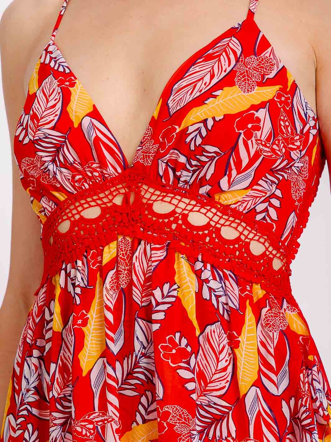 WOMEN'S SLEEVELESS V-NECK TRIM DETAILED OPEN BACK HIGH-LOW FLORAL MAXI DRESS