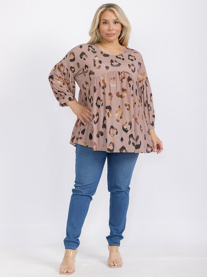 PLUS SIZE LONG SLEEVE ANIMAL PRINT TUNIC BLOUSE