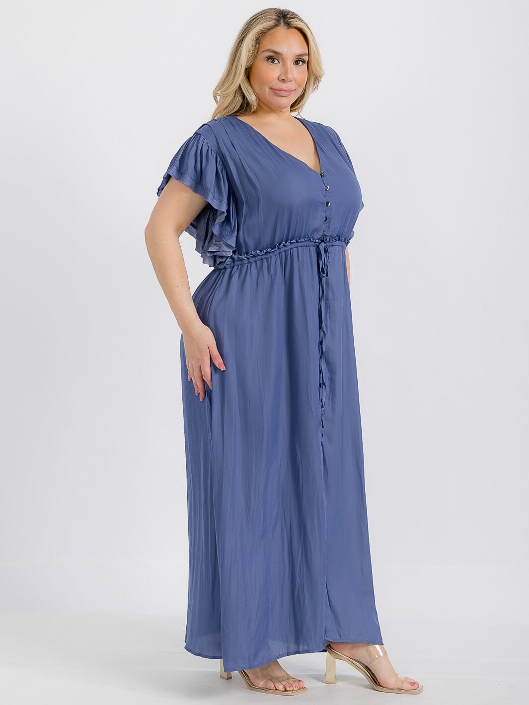 PLUS SIZE SHORT SLEEVE ELASTIC WAIST BUTTON UP MAXI DRESS