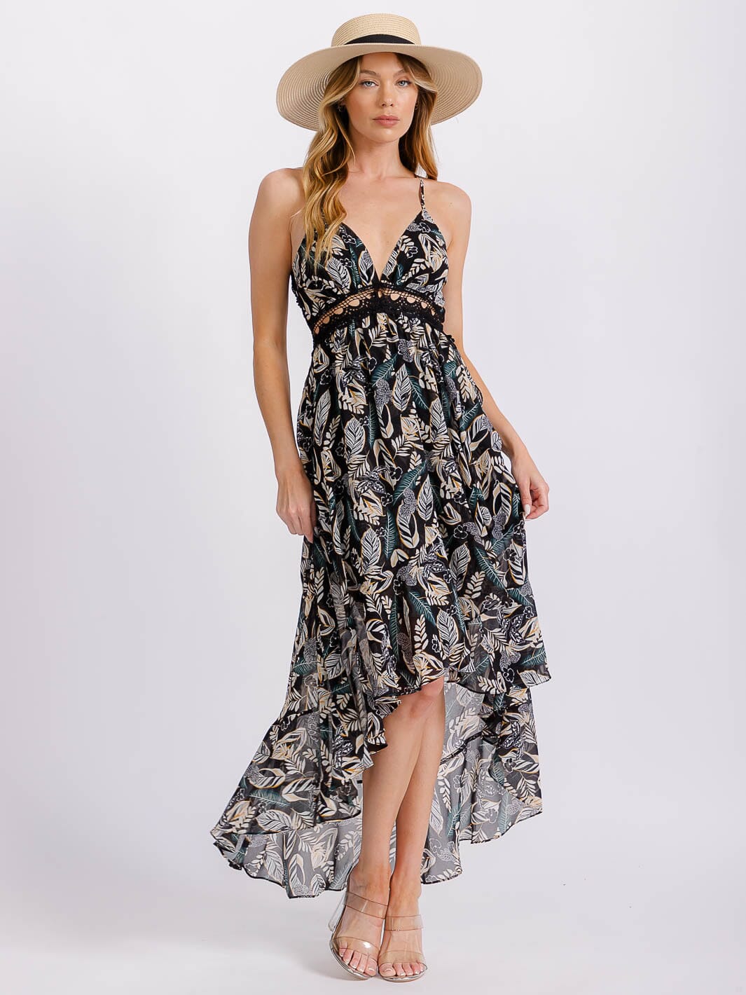 WOMEN'S SLEEVELESS V-NECK TRIM DETAILED OPEN BACK HIGH-LOW FLORAL MAXI DRESS