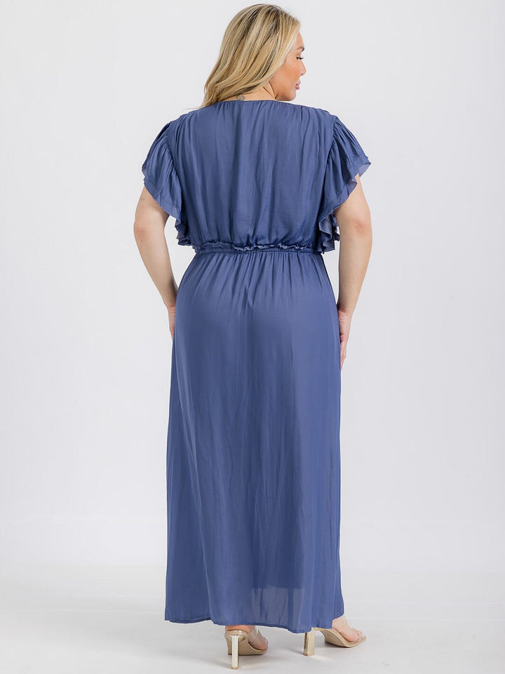 PLUS SIZE SHORT SLEEVE ELASTIC WAIST BUTTON UP MAXI DRESS