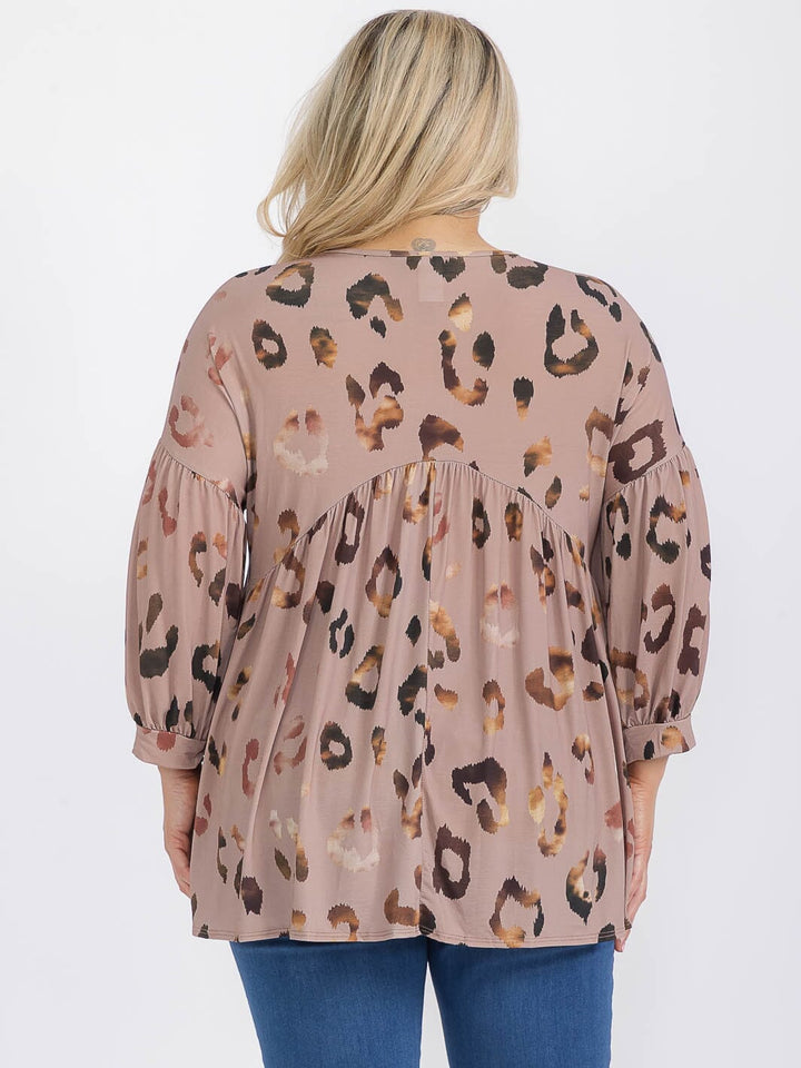 PLUS SIZE LONG SLEEVE ANIMAL PRINT TUNIC BLOUSE