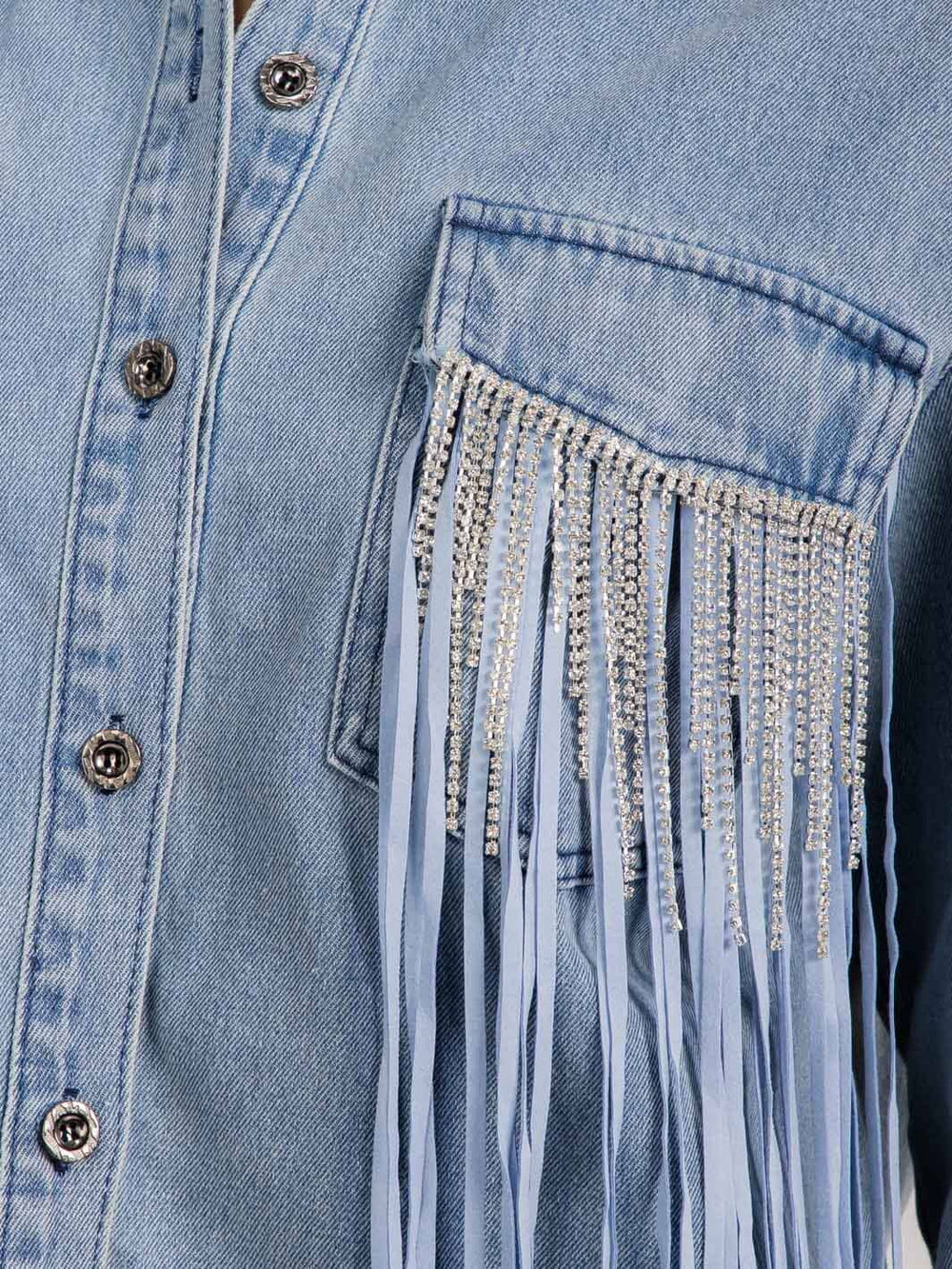 WOMEN'S LONG SLEEVE BUTTON UP FRINGE POCKETS DENIM HIGH-LOW DENIM SHACKET