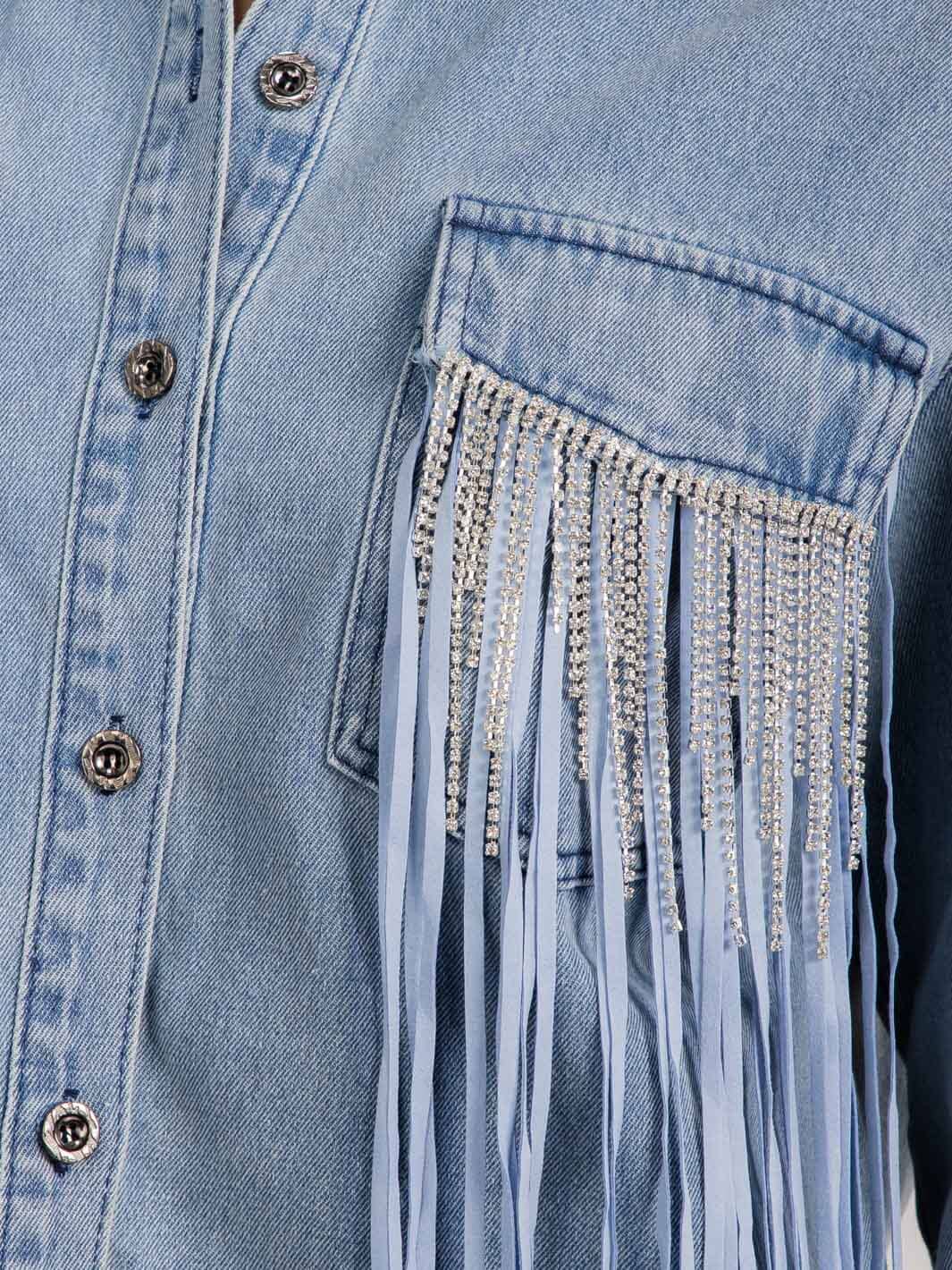 WOMEN'S LONG SLEEVE BUTTON UP FRINGE POCKETS DENIM HIGH-LOW DENIM SHACKET