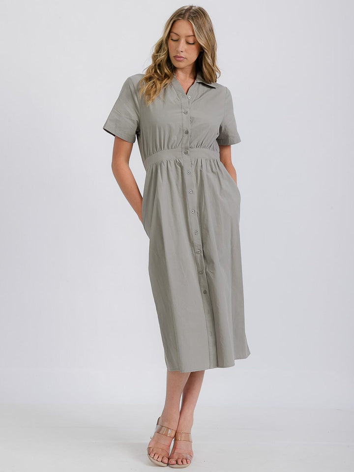 WOMEN'S SHORT SLEEVE FRONT POCKETS BUTTON LINEN MIDI DRESS