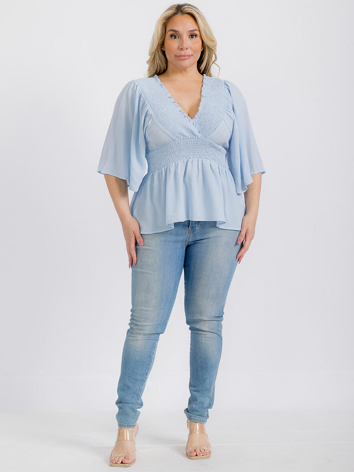 PLUS SIZE SHORT SLEEVE V-NECK SMOCK WAIST PEPLUM BLOUSE