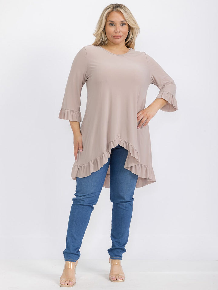 PLUS SIZE 3/4 SLEEVE HIGH-LOW TUNIC BLOUSE