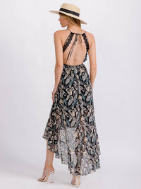 WOMEN'S SLEEVELESS V-NECK TRIM DETAILED OPEN BACK HIGH-LOW FLORAL MAXI DRESS