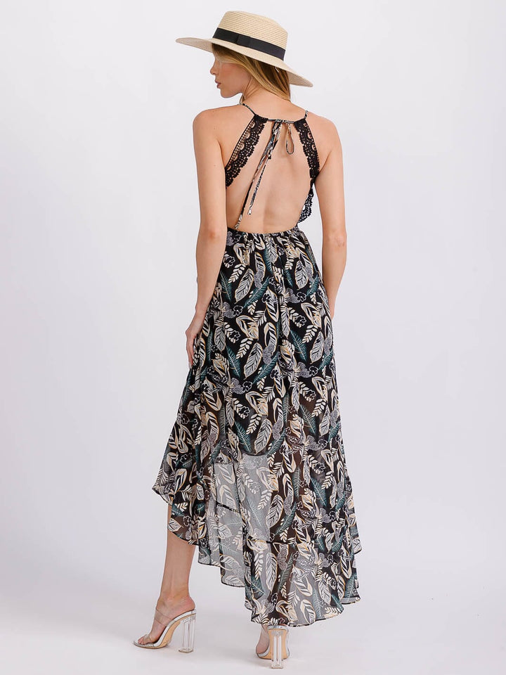 WOMEN'S SLEEVELESS V-NECK TRIM DETAILED OPEN BACK HIGH-LOW FLORAL MAXI DRESS