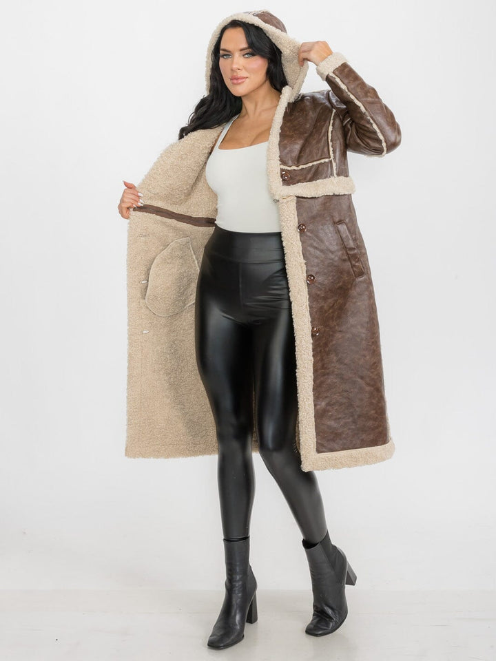 WOMEN'S LONG SLEEVE SHERPA LINING CONVERTIBLE ZIP OFF TWO IN ONE AVIATOR COAT
