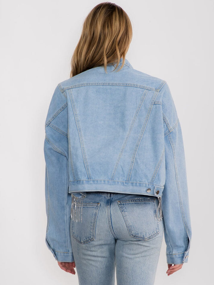WOMEN'S LONG SLEEVE BUTTON UP FRINGE POCKETS DENIM HIGH-LOW CROP JACKET