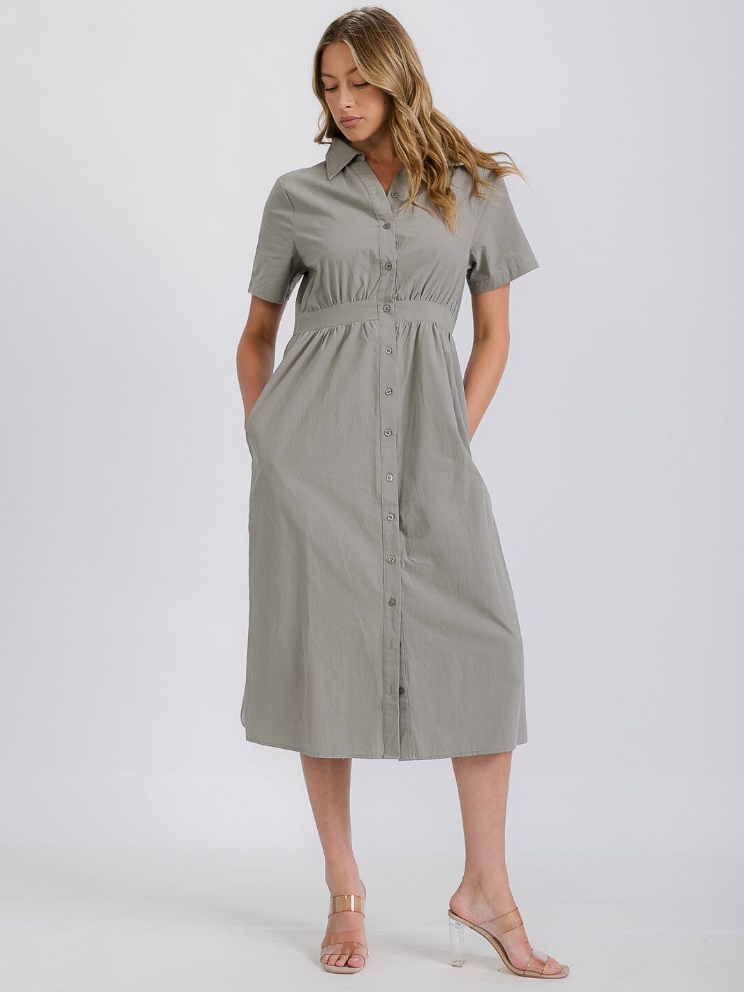 WOMEN'S SHORT SLEEVE FRONT POCKETS BUTTON LINEN MIDI DRESS