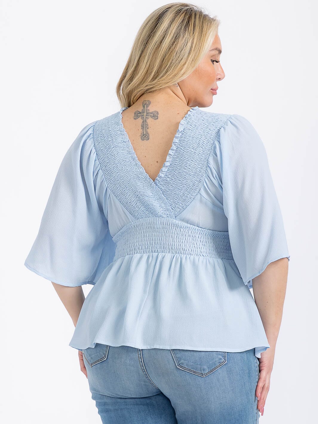 PLUS SIZE SHORT SLEEVE V-NECK SMOCK WAIST PEPLUM BLOUSE