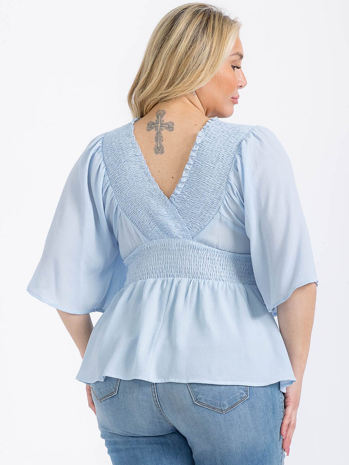 PLUS SIZE SHORT SLEEVE V-NECK SMOCK WAIST PEPLUM BLOUSE