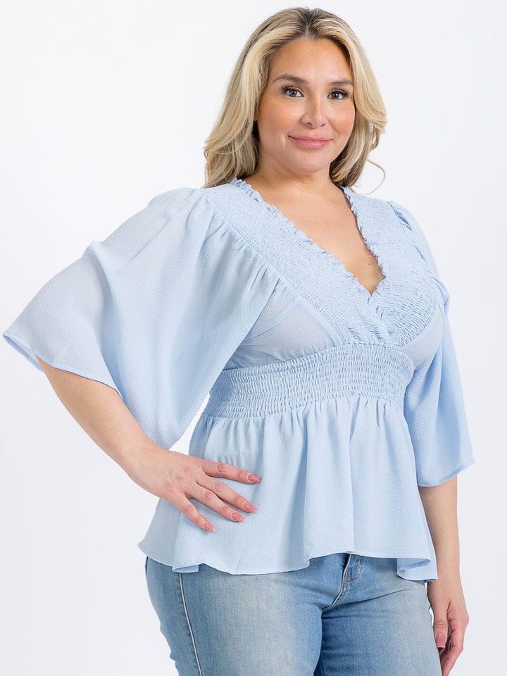 PLUS SIZE SHORT SLEEVE V-NECK SMOCK WAIST PEPLUM BLOUSE
