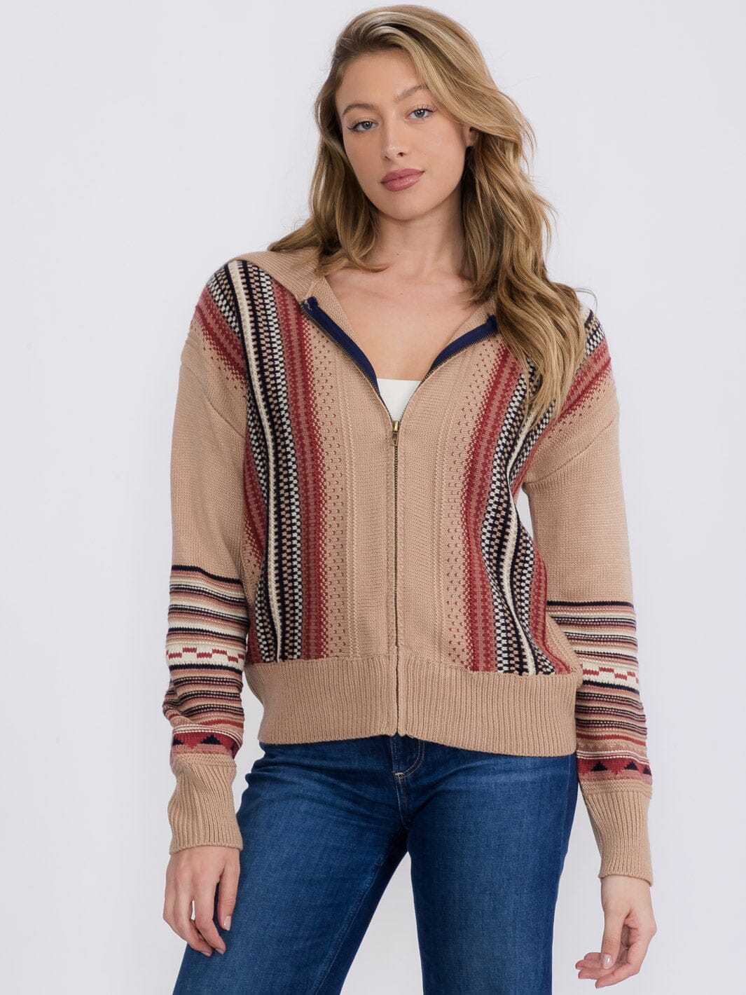 WOMEN'S LONG SLEEVE ZIPPER CLOSURE MULTI PRINT CARDIGAN SWEATER