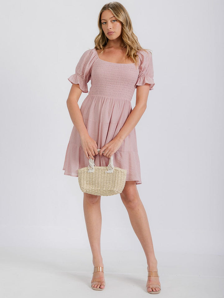 WOMEN'S SHORT SLEEVE SMOCKED TIERED MINI DRESS
