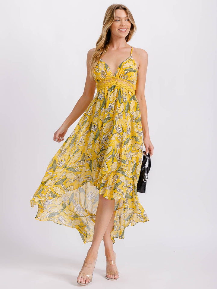 WOMEN'S SLEEVELESS V-NECK TRIM DETAILED OPEN BACK HIGH-LOW FLORAL MAXI DRESS