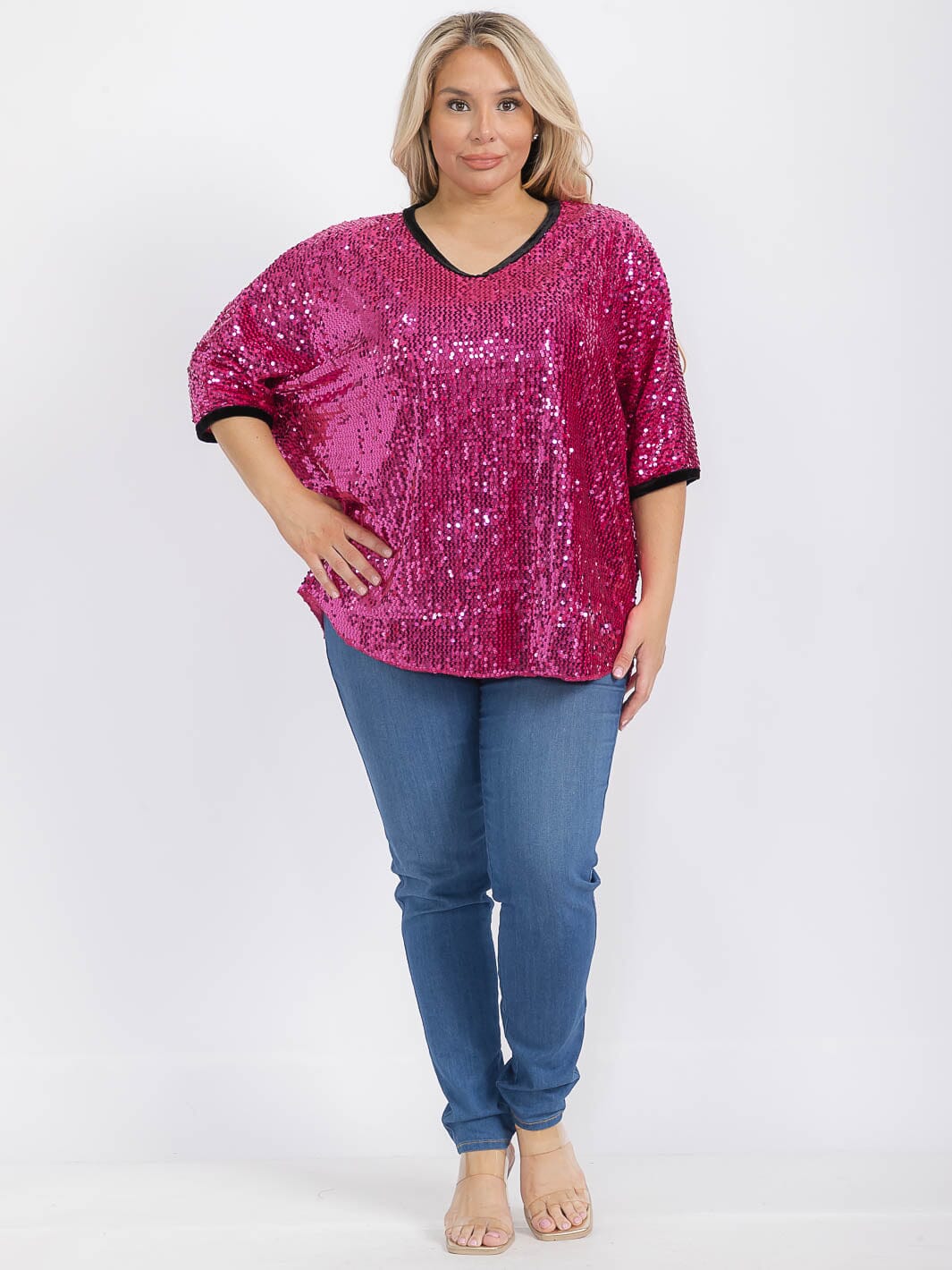PLUS SIZE SHORT SLEEVE V-NECK SEQUINS TUNIC BLOUSE