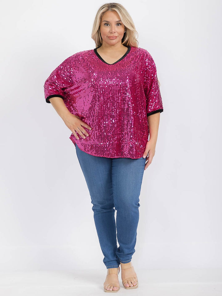 PLUS SIZE SHORT SLEEVE V-NECK SEQUINS TUNIC BLOUSE