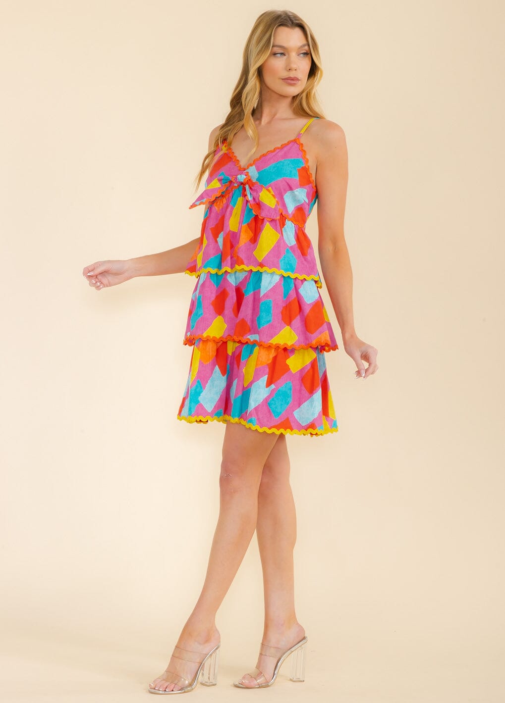 WOMEN'S SLEEVELESS V-NECK SMOCK TIERED RUFFLE COLORBLOCK MINI DRESS